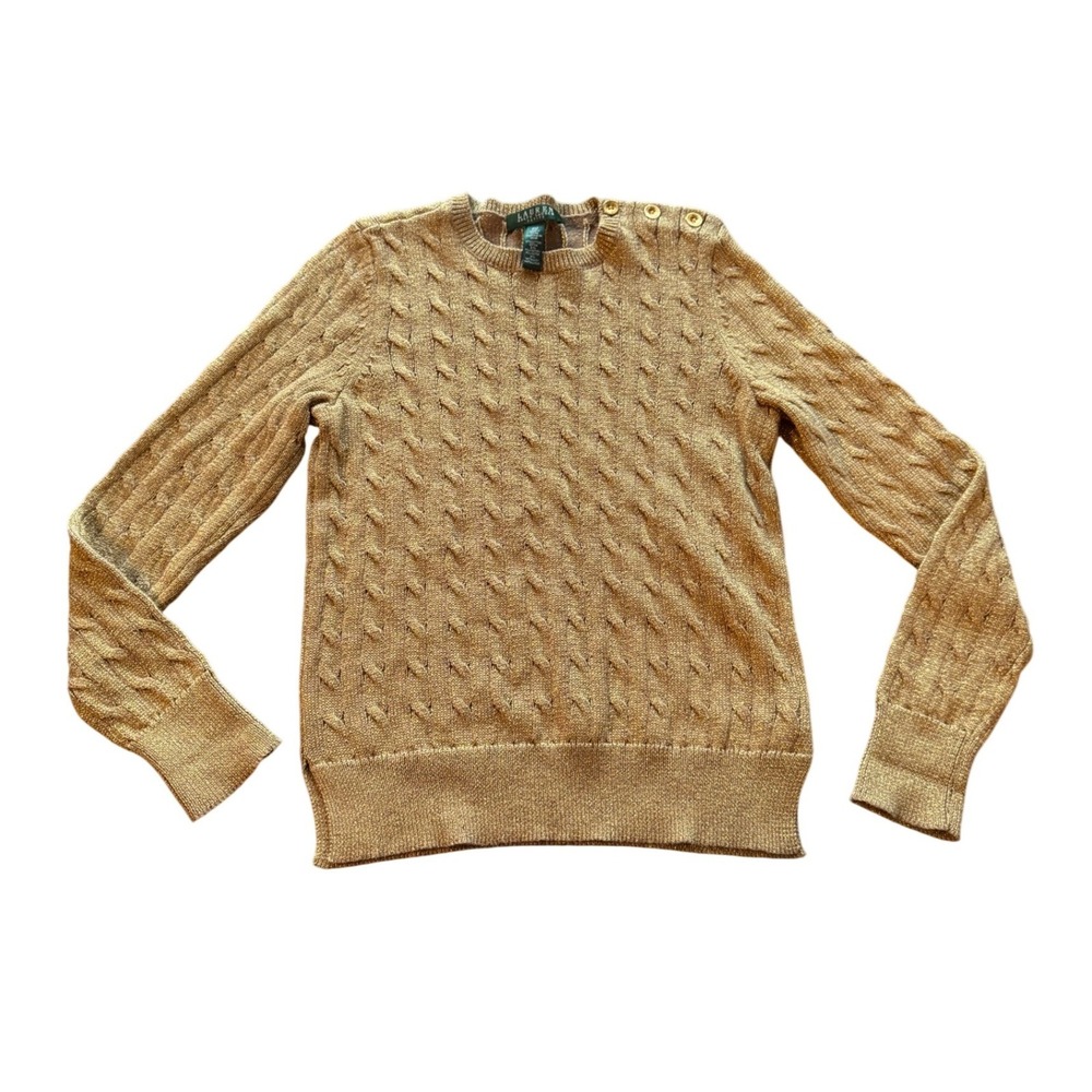 Lauren Ralph Lauren‎ Petite Metallic Cable Knit Sweater Gold Button Detail